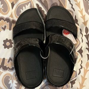 Black slip on FitFlop sandals, NWT “super glitz slide”